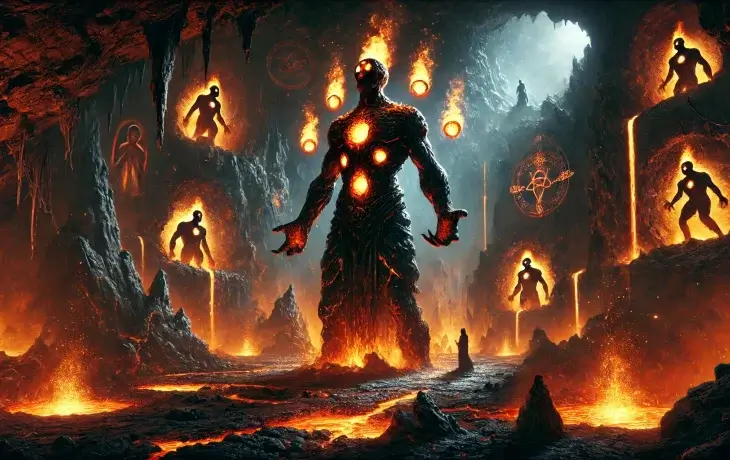 Türk mitolojisinde ateşten doğmuş yeraltı devi Abyz, lavlarla çevrili mağarada alevler içinde betimlenmiş